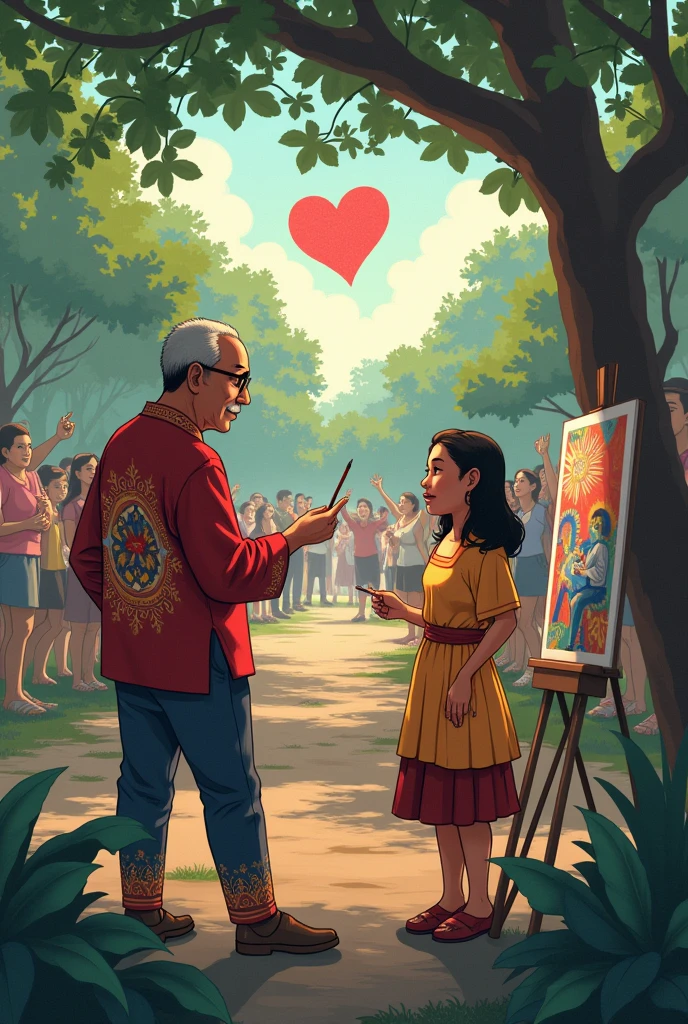 Panel 2:
Setting: The same park as Panel 1, but from a different angle.
Details: Mang Ramon could be wearing a traditional barong tagalog with intricate embroidery. His expression should convey a sense of genuine appreciation for Ana's talent.
Color palette: Similar to Panel 1, with the addition of some softer hues to create a contemplative atmosphere.
Panel 3:
Setting: A close-up shot of Ana and Mang Ramon, focusing on their faces and the painting.
Details: Ana's eyes should light up as she speaks, and Mang Ramon's smile should be warm and reassuring.
Color palette: A mix of warm and cool colors to create a sense of connection between the two characters.
Panel 4:
Setting: A wide shot of the park, with the tinikling dancers in the foreground.
Details: The dancers should be wearing colorful traditional attire, and the background should be filled with people watching and cheering.
Color palette: Vibrant and energetic colors to capture the festive atmosphere.
Panel 5:
Setting: A more dynamic shot of the tinikling dancers, with the camera moving to follow their movements.
Details: The dancers should be of different ages and backgrounds, emphasizing the idea of unity.
Color palette: A continuation of the vibrant colors from Panel 4.
Panel 6:
Setting: A close-up shot of Ana, with the tinikling dancers in the background.
Details: Ana's eyes should be filled with joy and inspiration, and her paintbrush should be held up as if she is ready to capture the moment.
Color palette: A mix of soft and bright colors to create a sense of hope and optimism.
Panel 7:
Setting: A full-page spread featuring the heart made of the Philippine flag colors.
Details: The heart should be surrounded by images of various Filipino art forms, such as music, dance, and literature.
Color palette: A bold and striking use of the Philippine flag colors to create a powerful visual impact.
Komiks: Ang Sining ng Pagkakaisa
Panel 1:
- Isang batang babae na nakasuot ng tradisyunal na damit ng Pilipi