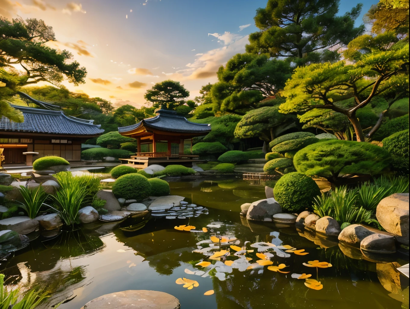 a serene zen garden, lush green foliage, tranquil pond with stepping stones, koi fish swimming, Japanese pagoda in the distance, warm golden hour lighting, peaceful atmosphere, cinematic composition, intricate details, ultra-detailed, 8k, masterpiece, concept art