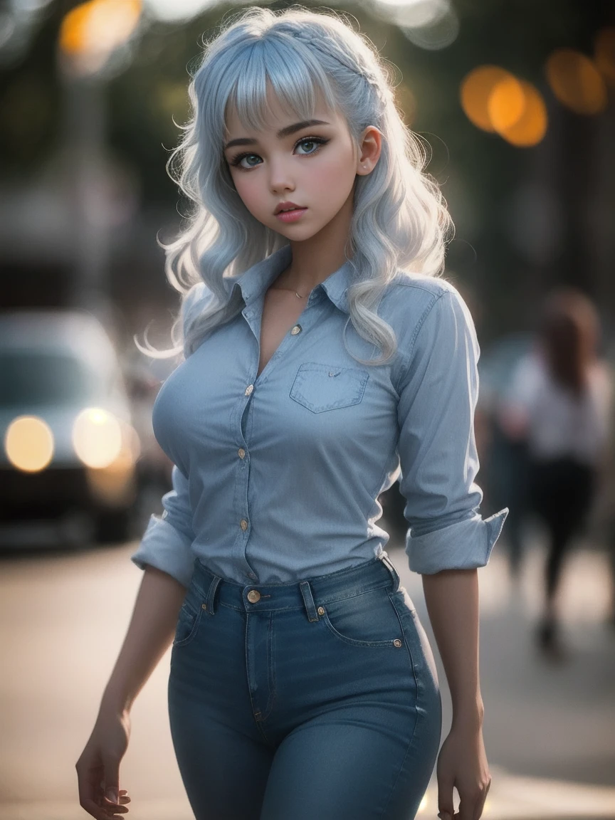 masterpiece,best quality, photography, style of Philip Lorca diCorcia, cinematic film photo of young Caucasian girl aged 18yo, 1girl, solo, blue and white hair, long wavy hair, air bangs, green eyes, tan skin, light makeup, short height, body, athletic body, large breasts, perfect lips, wearing a blue flannel shirt, wearing blue jeans, cute face, baby face,vignette, highly detailed features, high budget, bokeh, cinemascope, moody, epic, gorgeous