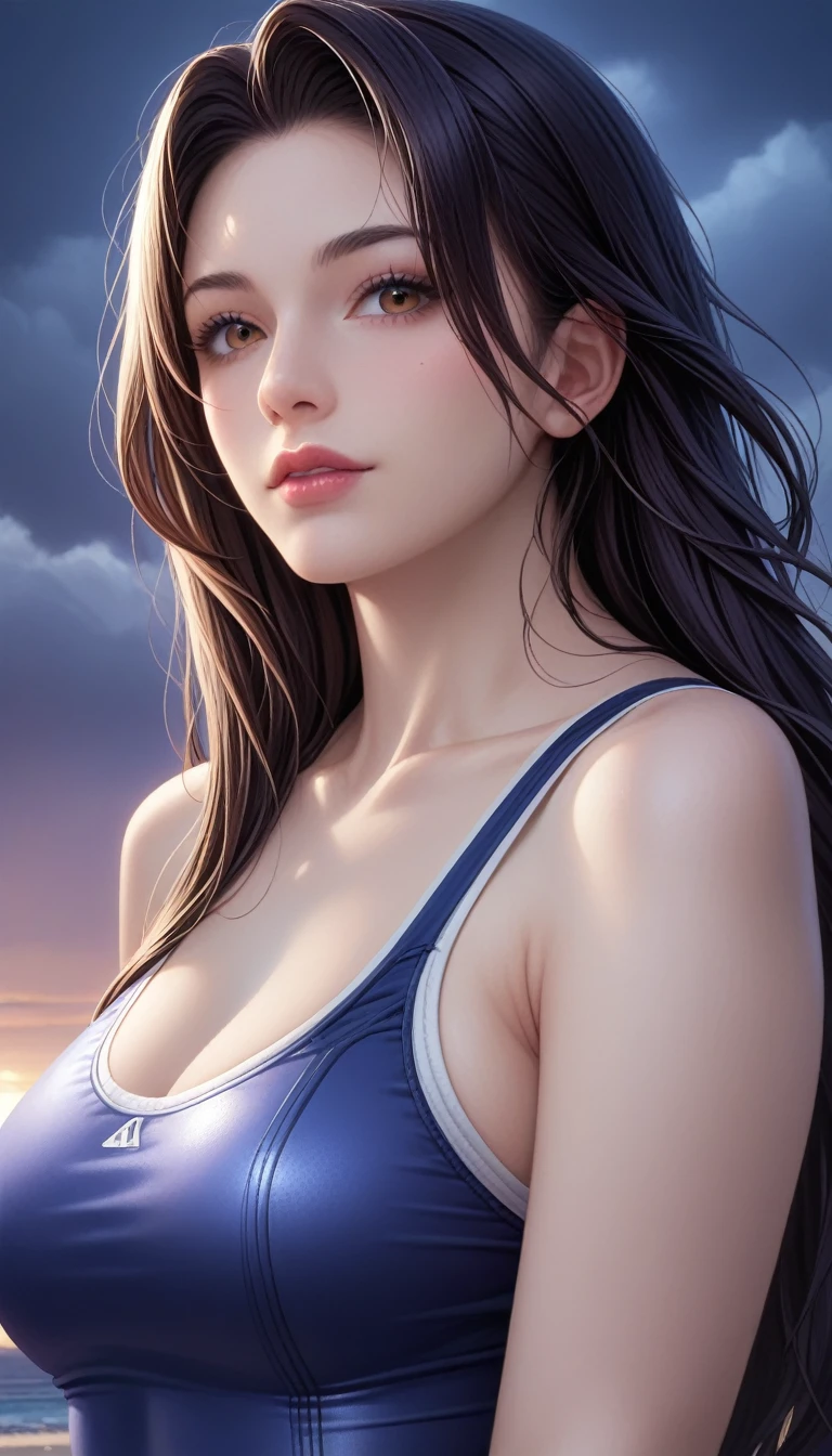 score_9, score_8_superior, score_7_superior, High-resolution CG illustration,A masterpiece in 32K resolution,Highest quality,it is really amazing,Very detailed,Ultra-high resolution,Ultra-realistic,Realistic,Increased depth of field,Cinematic lighting,
Sexy mature Japan woman,
Straight long hair with black hair,Ultra-detailed and beautiful face,Calm and gentle look,Beautiful brown eyes,Translucent white skin,Realistic skin texture,Great proportions,
Sexy high leg swimsuit,
Artistic design,Chic color scheme,Detailed fabric texture,
Dark overcast sky on a dull night,Dark clouds filling the sky,Thundercloud,Coastline at night,Stormy seas,delay々A desolate sandy beach that continues,
Close-up of face,Cinematic Angle,