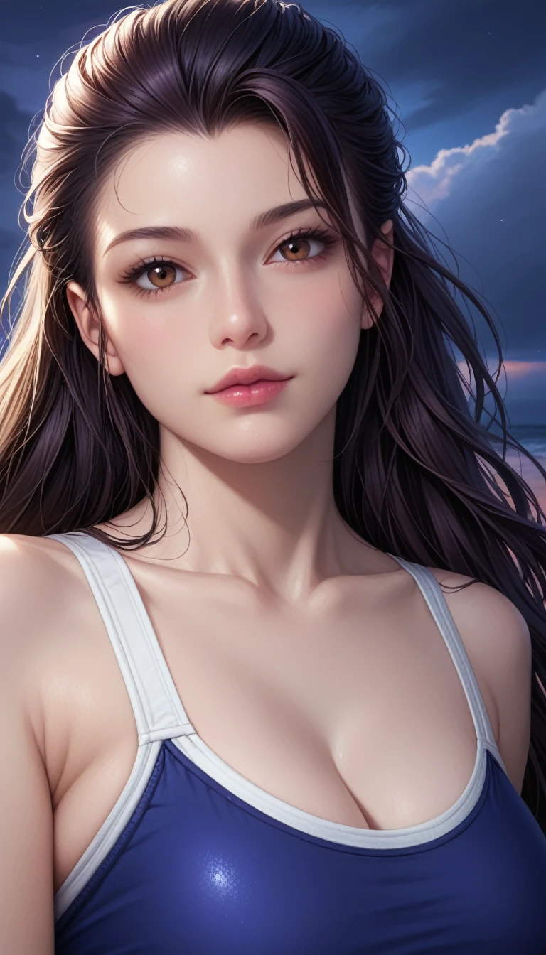 score_9, score_8_superior, score_7_superior, High-resolution CG illustration,A masterpiece in 32K resolution,Highest quality,it is really amazing,Very detailed,Ultra-high resolution,Ultra-realistic,Realistic,Increased depth of field,Cinematic lighting,
Sexy mature Japan woman,
Straight long hair with black hair,Ultra-detailed and beautiful face,Calm and gentle look,Beautiful brown eyes,Translucent white skin,Realistic skin texture,Great proportions,
Sexy high leg swimsuit,
Artistic design,Chic color scheme,Detailed fabric texture,
Dark overcast sky on a dull night,Dark clouds filling the sky,Thundercloud,Coastline at night,Stormy seas,delay々A desolate sandy beach that continues,
Close-up of face,Cinematic Angle,