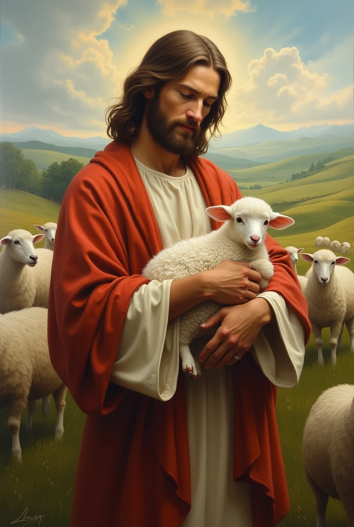a painting of jesus holding a lamb in a field of sheep, a picture,n the center of the image, avatar image, tenderness