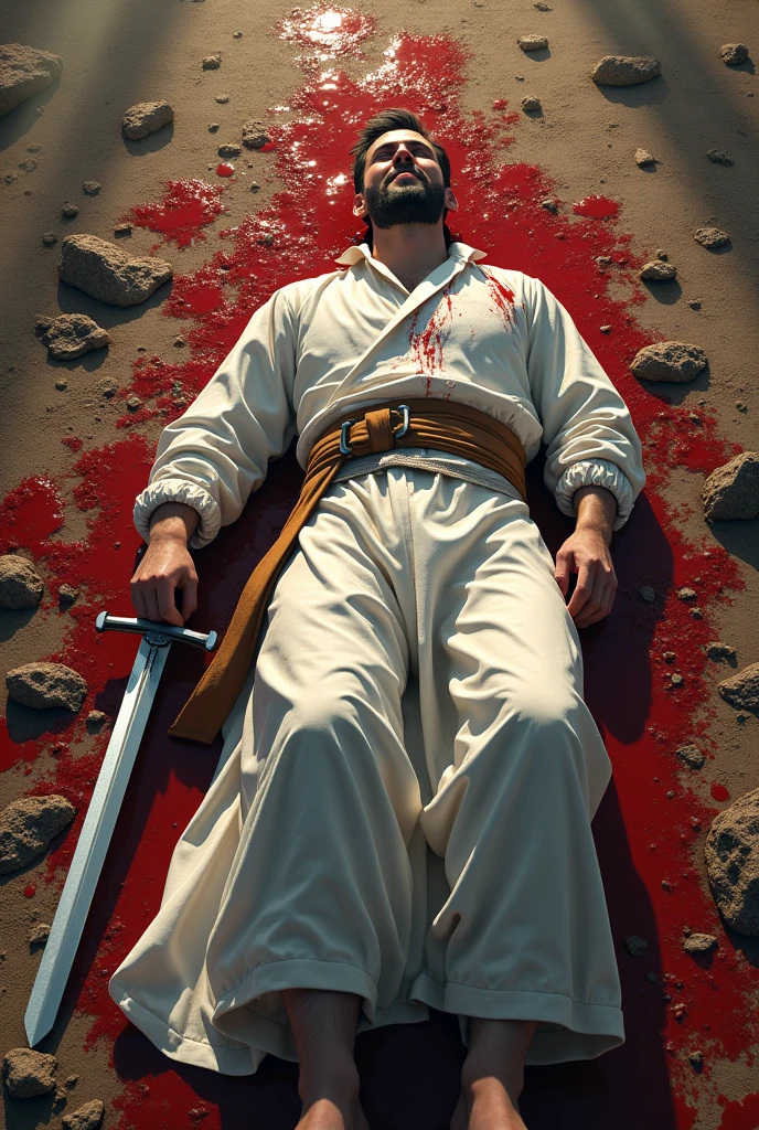 Man dressed in white, lying on the ground facing the sky, completely drentched in blood, blood coming out of wounds of war, holding sword in his hands, smiling, happy to die in a battle field. Camera angle over the body, cover full body visual.