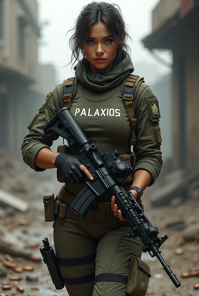 Create a female tactical soldier whose uniform says her last name, Palacios.
