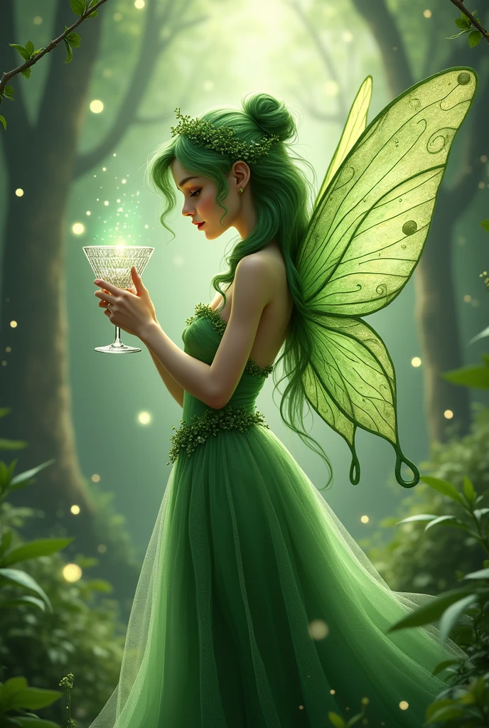 Create a green fairy with a drinking glass