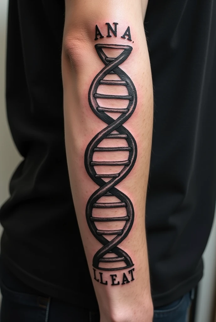 tattoo band with DNA strand wrapping around the left lower arm and text for men