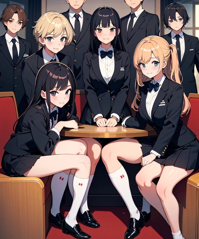 (masterpiece, best quality), (absurdres:1.2), (ultra detailed, 8K, ultra highres:1.2), (beautiful 4girls and handsome 4boys:1.3), young, slim, (cinematic composition), blush, happy smile, dramatic lighting, (short body, body), (group shot, gathered, friends), (multiple boys:1.2), looking at viewer, standing, sitting, posing, school uniform, (multiple loving couples:1.2), v-signs