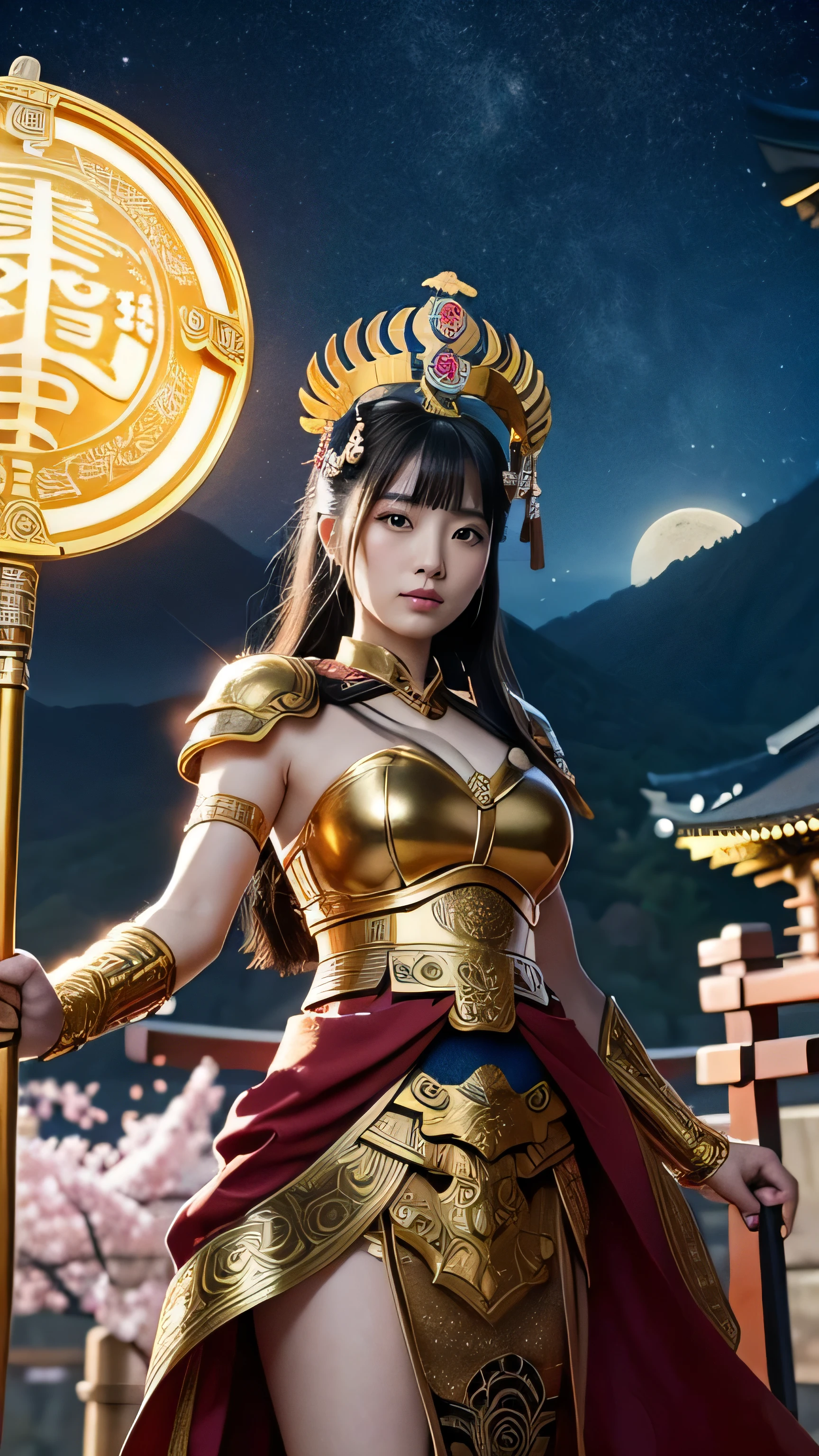 "Depict Athena, the Greek goddess of wisdom and warfare, reimagined as a figure from Japanese mythology while retaining her iconic features. Athena stands tall and majestic, her armor reinterpreted as ornate samurai armor, adorned with intricate designs of dragons and sacred symbols. Her helmet is replaced by a kabuto, featuring a golden crescent moon, a common motif in Japanese mythology, symbolizing her divine status.

Her armor incorporates elements of traditional Japanese attire, with flowing, silk-like fabrics beneath the armor plates, patterned with motifs of cranes and cherry blossoms, representing longevity and beauty. Her spear is transformed into a naginata, a traditional Japanese pole weapon, with a blade that gleams in the light, engraved with kanji that signify wisdom and power. Her shield is now a large tate, emblazoned with a radiant sun, echoing the Shinto sun goddess Amaterasu.

Her face is serene yet fierce, with sharp, almond-shaped eyes that reflect her divine wisdom and strength. Her dark hair is styled in an elegant, traditional Japanese updo, adorned with golden hairpins shaped like sakura petals. The background is a mystical, mist-covered landscape with torii gates, ancient temples, and sacred mountains, evoking the ethereal beauty of Japanese mythology. This portrayal merges the essence of Athena with the rich symbolism and aesthetics of Japanese folklore, making her the ultimate embodiment of a warrior goddess in a Japanese mythological context."