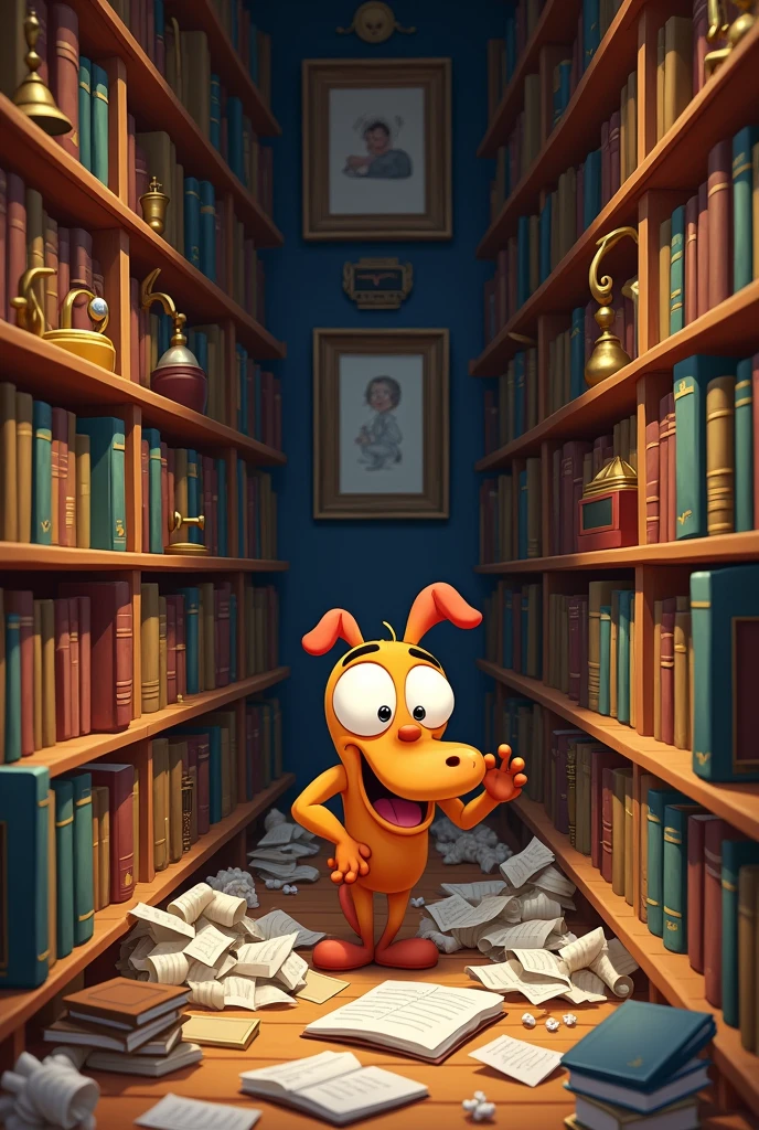 The cartoon character hid the trash in the bookshelf.