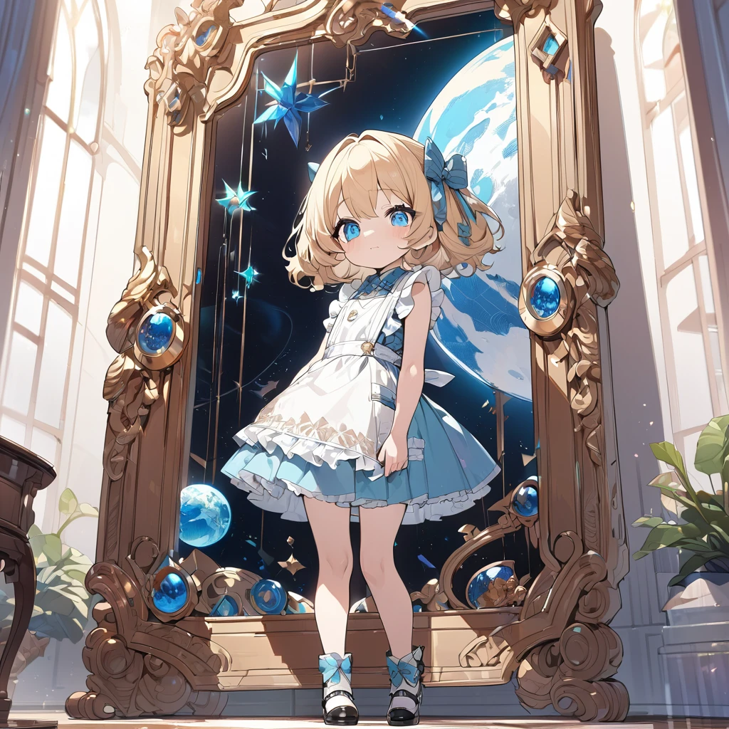 female child, , on right, looking at viewer, looking back, Clear face, semi long, blonde, blue eyes, radiant eyes, big eyes, big hair ribbon, blue dress with white apron, chibi, in the classic room with a large mirror, A (blue Earth) is reflected in a large mirror, masterpiece, best quality, detailed, ultra detailed, hyper detailed, insanely detailed, exquisite, beautiful, Full-HD, 16K, cute, fantasy, vibrant academia, anime, 2d anime, chibi anime, icon, soft lines, soft surface, simple line drawing, full body shot, front view, golden ratio, golden triangle, lens flare, best light, fast shutter speed, depth of field, highly saturated colors, vibrant colors, pale colors, Alice in the wonderland