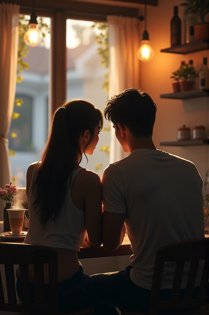 A backside view of a man and a woman with ponytail sitting in a coffee shop 