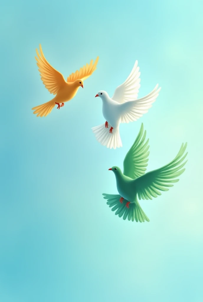 Three dove flying diagonally from right bottom corner towards left top corner, the dove at top is of saffron colour and middle dove is of white colour and bottom dove is of green colour. Baground colour is sky blue
