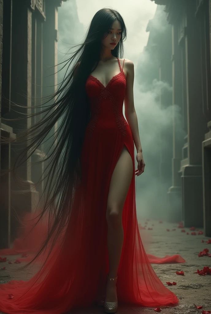 Dramatic, grittiness, intense:1.4),Masterpiece, Best quality, 32K crazy details, Intricate details, ultra - detailed, hyper qualit, High detail, Ultra detailed, Masterpiece, (full bodyesbian:1.5), Redness of the eyes，Full body shot from head to toe， Extremely high, slender sexy girl in red dress in front of white eyes, Extra-long hair fell to the ground，huge tit，fat hips，Long legs，Chinese shoes，Unreal background, Smoke and mist, It seems that something is coming out. Chinese Taoist ghost legends inspire horror, Chinese horror doll core, Dark purple and light blue, The reality of chiaroscuro is exaggerated, Works influenced by Japanism, Hidden core Junji Ito, Miho Hirano, Ilya Kuvshinov, 张艺谋 in the mood of, Thick paintings, Oil paintings, Ink painting Movie textures, Top view, an extreme closeup shot, Realistic 3D, Ultra detailed. blender, C4D, High detail, high resolution,full body shot shot。