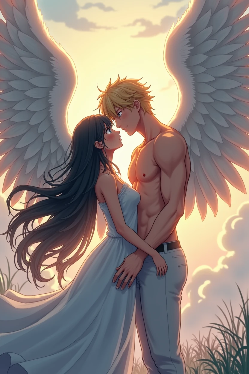 Girl with black long hair, blue eyes and angel wings, she meets her lover, a tall blond guy with brown eyes, beautiful pumped up body and angel wings, anime art, masterpiece