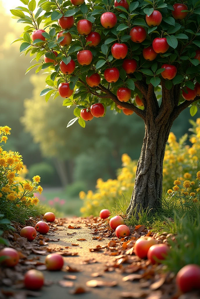 A tranquil garden with an apple tree laden with ripe apples and a gorse bush next to it. The ground is covered with fallen apples and dry leaves. Sunlight illuminates the scene, creating a natural and welcoming environment. realisitic, cinematic, 8k
