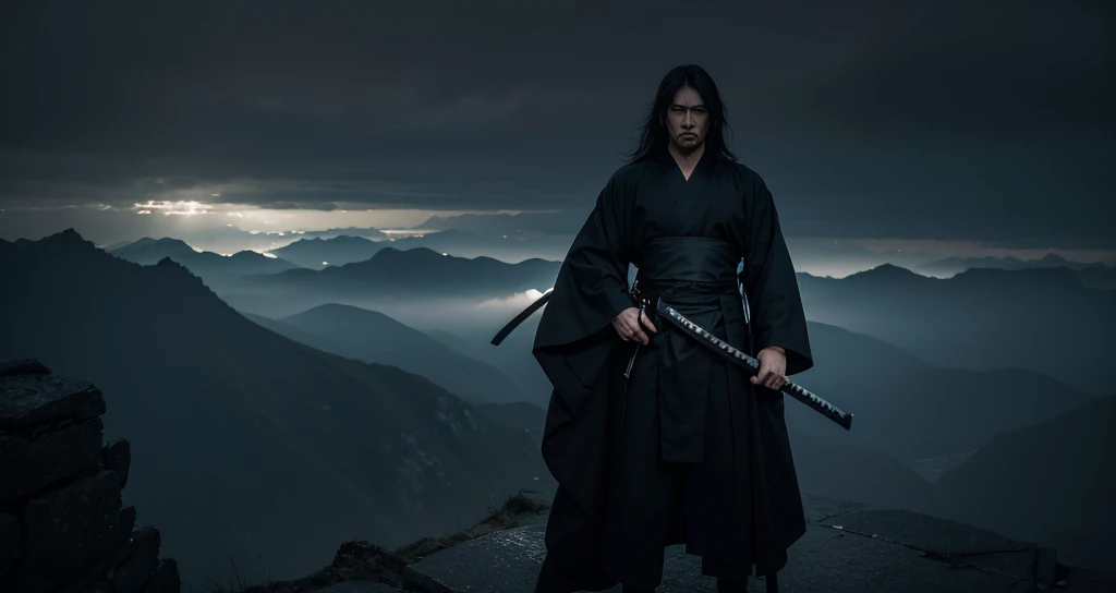 Create a swordsman, clad in a long-flowing black kimono, with locks of dark, cascading hair that fall over his shoulders and cover part of his face in the shadows. He stands atop a desolate mountain peak, bathed in the dim, melancholic light that filter through the overcast sky. The dark theme is accentuated by the looming clouds and the moody, ominous atmosphere that surrounds him. With an air of profound concentration, the swordsman holds aloft his katana, its sharp edge glistening in the faint light, as if waiting for the fateful moment when destiny calls upon him to unsheathe it and confront the challenges that