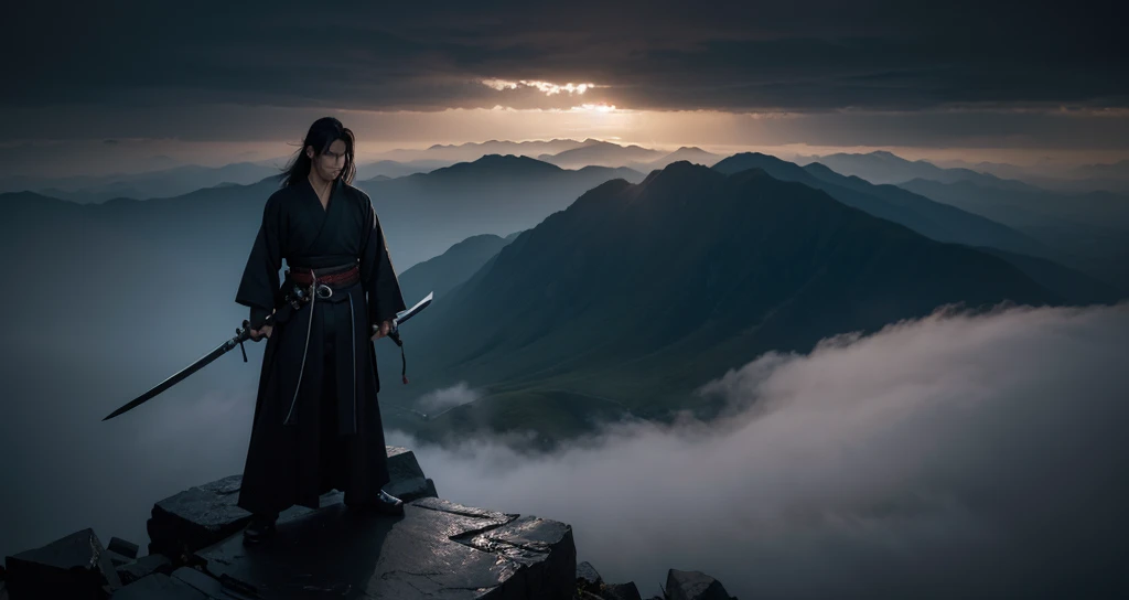 Create a swordsman, clad in a long-flowing black kimono, with locks of dark, cascading hair that fall over his shoulders and cover part of his face in the shadows. He stands atop a desolate mountain peak, bathed in the dim, melancholic light that filter through the overcast sky. The dark theme is accentuated by the looming clouds and the moody, ominous atmosphere that surrounds him. With an air of profound concentration, the swordsman holds aloft his katana, its sharp edge glistening in the faint light, as if waiting for the fateful moment when destiny calls upon him to unsheathe it and confront the challenges that