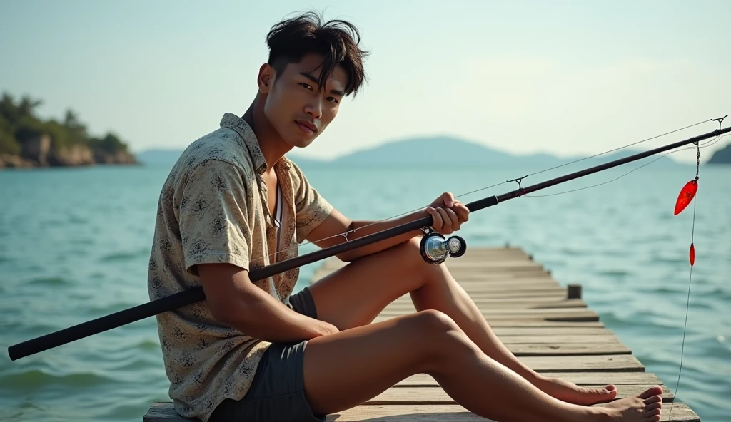 (PHOTO REALISTIC 1.2)  A muscular, strong male with a body weight of 77 kilograms, 23 years old, Asian Indonesian, wearing a loose shirt and short pants with a butterfly pattern, sitting on a sea dock, holding a fishing rod with a red Asa Bra lure hanging on the hook.