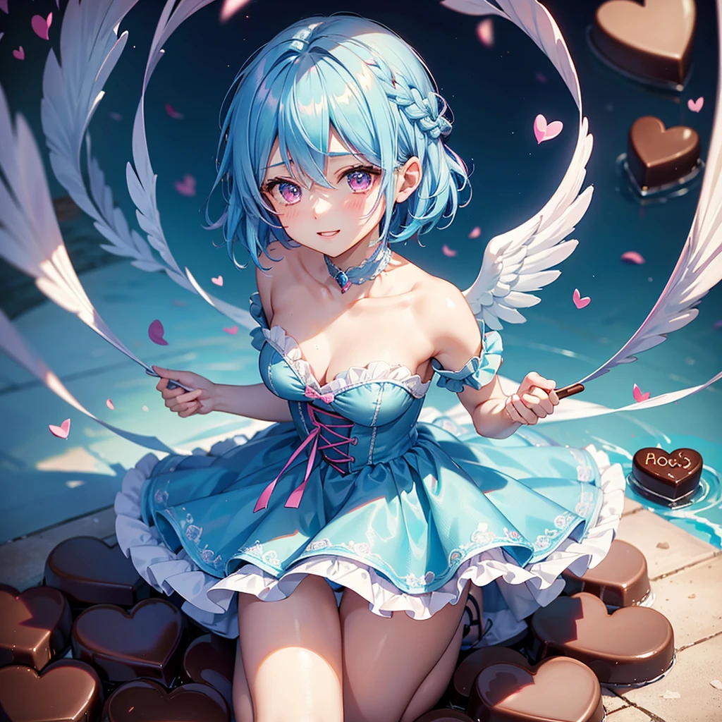 Sky blue hair、Braided Short Hair、Pink Eyes、Fair skin、whole body、One person、shy、Lots of hearts in the background、(Heart-shaped chocolate)、(Chocolate Angel)、Valentine's Day、smile、masterpiece、Highest quality、Very detailed、Best Shadow、Detailed Background、Beautifully detailed face、High Contrast、Best lighting、Very delicate and beautiful、Cinematic Light、Hyper Detail、8k、Dramatic Light、Exquisite detail、