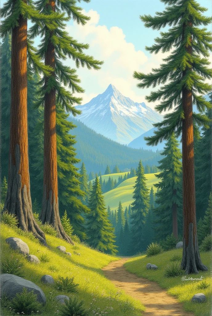 Colored pencil drawing of a landscape from the movie Shrek with pine trees