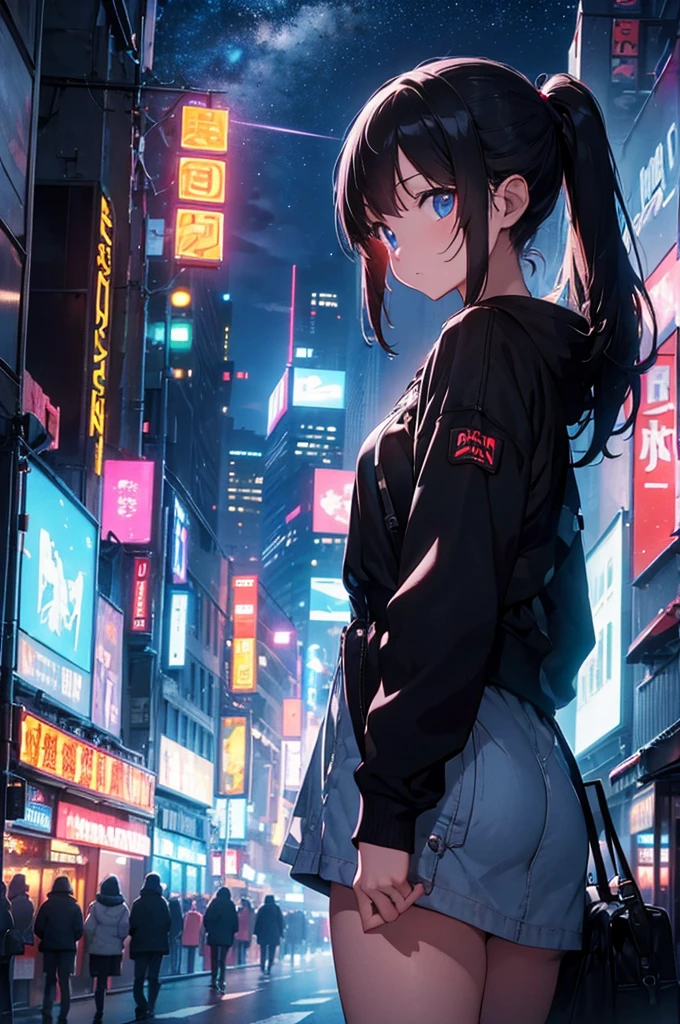 (masterpiece), cyber punk, city, night, Neon Light, city lights, one person's, Black Hair,White tank top, Short Bob Hair,Red Eye,hair ornaments,About,smile,He has taken off his jacket to expose his shoulders..,Belly button