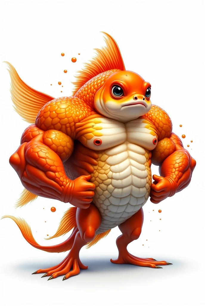 Caricature of a goldfish, flexing his muscles, white background 