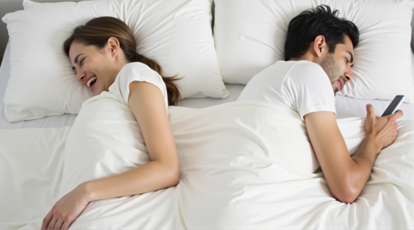 A couple of lovers lying in bed facing different directions, The woman is using her cell phone and laughing, The man is completely asleep and sad without turning to look at the woman