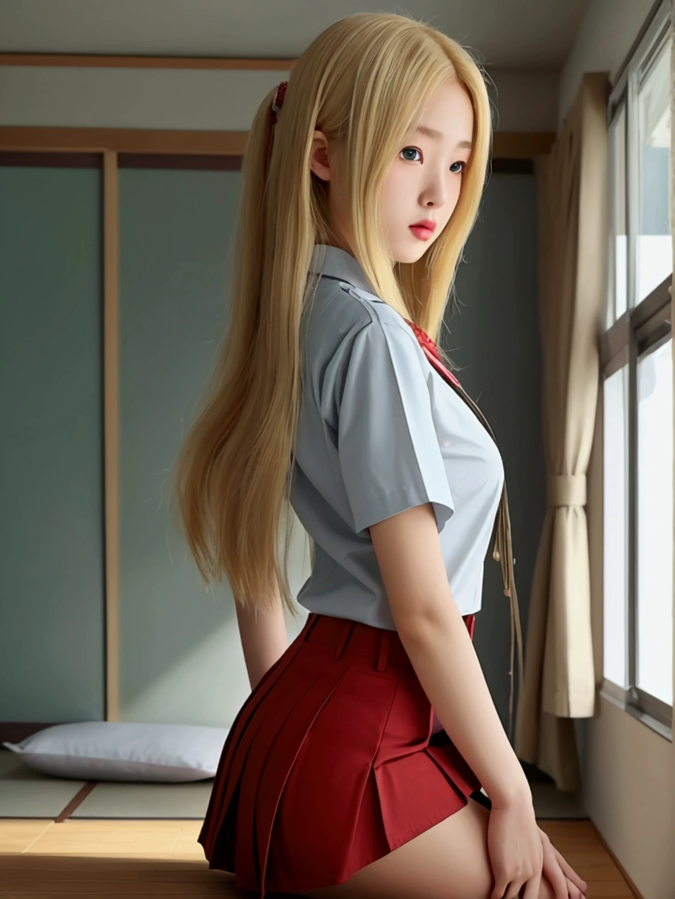 Hyperrealistic, Super Lewd 2 , No Face,Japanese School Uniform, Very long thin legs,barefoot, Pants can be seen from below,Back view,,Near the feet, Calf, Thighs, Angle from below, Very short skirt,standing, Long blonde hair, barefoot,tall, one person&#39;s, ((Highest quality)), Ultra-detailed drawing