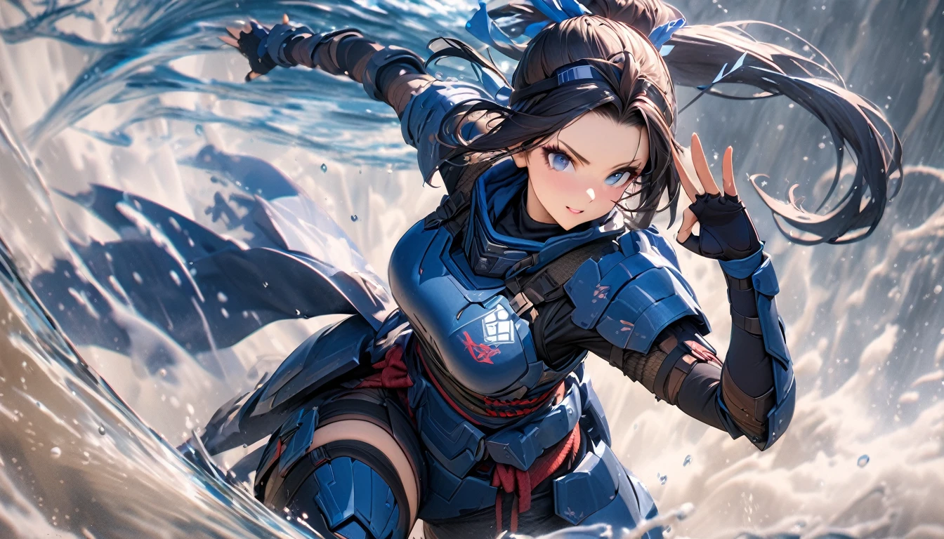 (masterpiece),(Highest quality),(High resolution),(Very detailed),8k,wallpaper,(Armored Core Style),Woman in ninja robot armor,(Tactical Forehead Protector),Random Hairstyles,(Water Ninja),(Blue body),(Detailed face),((Cowboy Shot)),(The background is thick fog:1.3),(dynamic),(Making a Ninja Sign:1.3),(action shot),Detailed hands,Beautiful female hands,(Hand,detailed,perfect,perfection,hands)