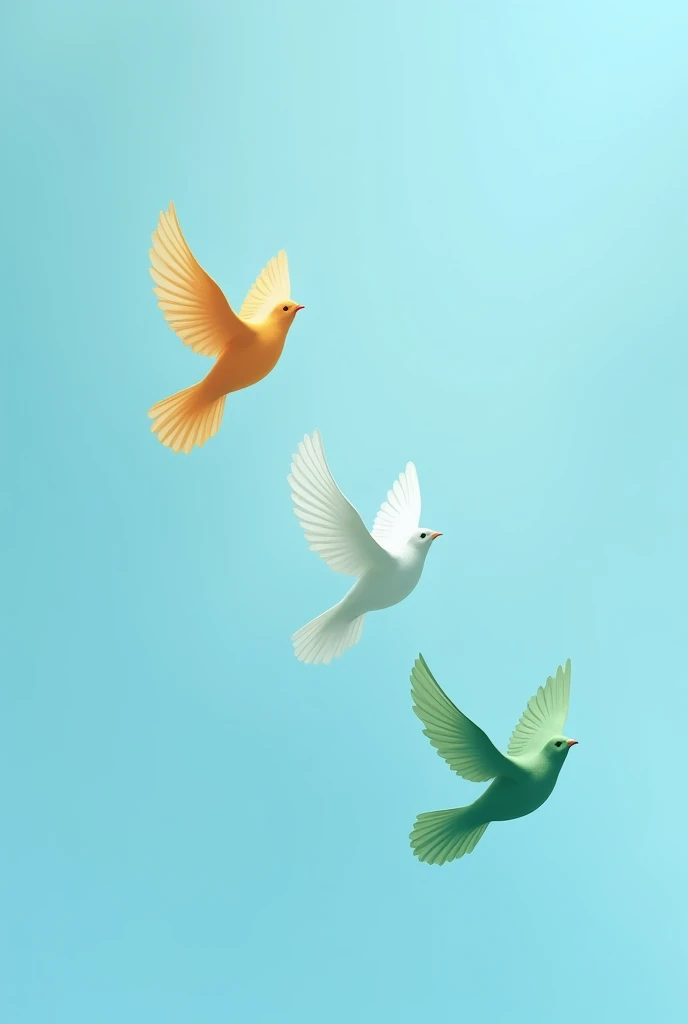 Three dove flying diagonally from right bottom corner towards left top corner, the dove at top is of saffron colour and middle dove is of white colour and bottom dove is of green colour. All facing upwards and Baground colour is sky blue