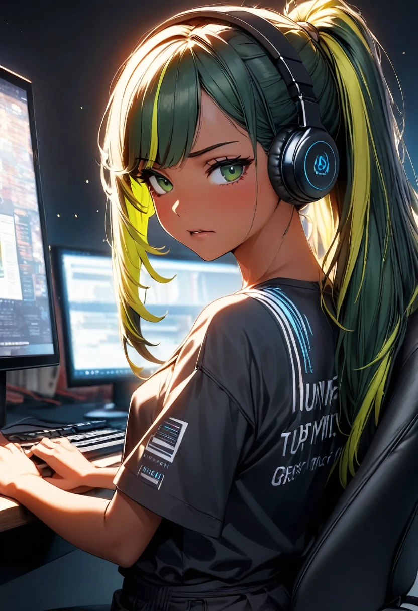 (highest quality:1.2, Very detailed, up to date, Vibrant, Ultra-high resolution, High Contrast, masterpiece:1.2, highest quality, Best aesthetics), Portraiture、girl、((25 years old:1.8)), (slim:1.3), Bright colors、Beautiful fine details、Beautiful lip detail、long hair, (ponytail:1.3), white and yellow green ((streaked hair:1.6)), highlights hair: 1.5, (small breast,:1) (tan skin:1.2), black t-shirt, pants, ((wear headphone:1)), game programer, typing keyboard on the desk PC, sitting gaming chair, glasses, side shot, (cowboy shot:1.1), (look at PC on the desk:1), annoyed, upper body