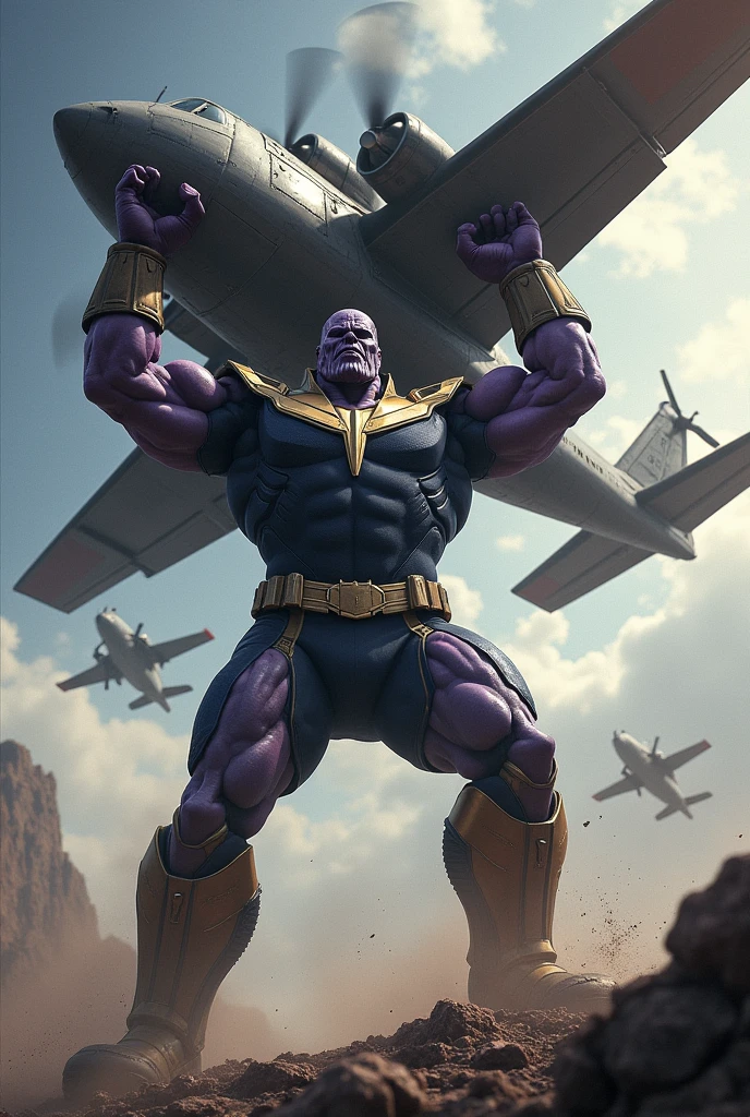  A big Thanos hold a big flying helicopter and stop helicopter to fly