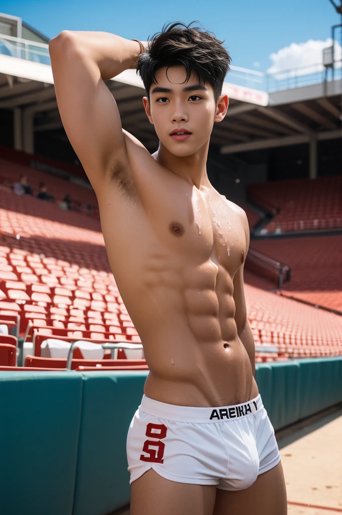 shaved armpits, Crowded baseball stadium, ager, Slim fit body, teeny, hota, very cute boy face, boy, cute face, young kids, Very young teenager, baseball stadium, baseball field scenery, Outdoors, he wore a small Tiny white thong covering half of his big dick, Sweat dripping all over the body, sweat covering all over the body, Full body photo, wearing Very tiny white thong, Proudly showing off his sweaty very hairy armpits to audience in baseball stadium, completely naked just wearing thin Tiny thong, wearing baseball cap on his head, boy, very young boy, Cinematic soft lighting illuminates a stunningly detailed and ultra-realistic handsome korean male supermodel, ultra messy curly hair, clear honey eyes, captivating perfect smile, sensual, hot man, insanely handsome, showing off his sweaty body, very sixpack muscular body build, slender, toned, full body, 8k, photography, masterpiece, detailed face, detailed eyes, sexy, beautiful abdomen and beautiful legs and a detailed big hard bulge, expression of ecstasy, excited, slim, detailed eyes and lips, sixpack and fit body. Image quality is of the highest standard, with ultra-detailed features and a realistic appearance. The colors are bright and vibrant, enhancing the overall aesthetic. The lighting is soft and natural, casting a soft glow on the boy, don't merge body's