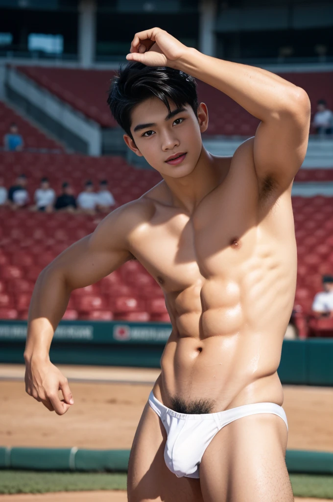 shaved armpits, Crowded baseball stadium, r, Slim fit body, teen body, hota, very cute boy face,  boy, cute face, young kids, Vyoung teenager boy, baseball stadium, baseball field scenery, Outdoors, he wore a small Tiny white thong covering half of his big dick, Sweat dripping all over the body, sweat covering all over the body, Full body photo, wearing Very tiny white thong, Proudly showing off his sweaty very hairy armpits to audience in baseball stadium, completely naked just wearing thin Tiny thong, wearing baseball cap on his head,  boy, very young boy, Cinematic soft lighting illuminates a stunningly detailed and ultra-realistic handsome korean male supermodel, ultra messy curly hair, clear honey eyes, captivating perfect smile, sensual, hot man, insanely handsome, showing off his sweaty body, very sixpack muscular body build, slender, toned, full body, 8k, photography, masterpiece, detailed face, detailed eyes, sexy, beautiful abdomen and beautiful legs and a detailed big hard bulge, expression of ecstasy, excited, slim, detailed eyes and lips, sixpack and fit body. Image quality is of the highest standard, with ultra-detailed features and a realistic appearance. The colors are bright and vibrant, enhancing the overall aesthetic. The lighting is soft and natural, casting a soft glow on the boy, don't merge body's