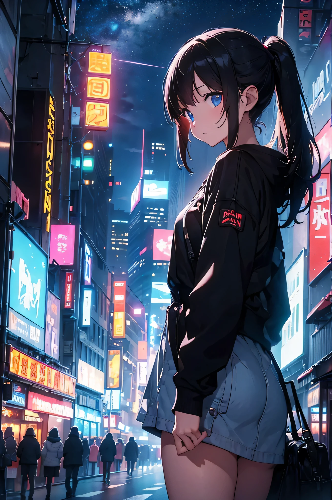 (masterpiece), cyber punk, city, night, Neon Light, city lights, one person's, Black Hair,White tank top, Short Bob Hair,Red Eye,hair ornaments,About,smile,He has taken off his jacket to expose his shoulders..,Belly button