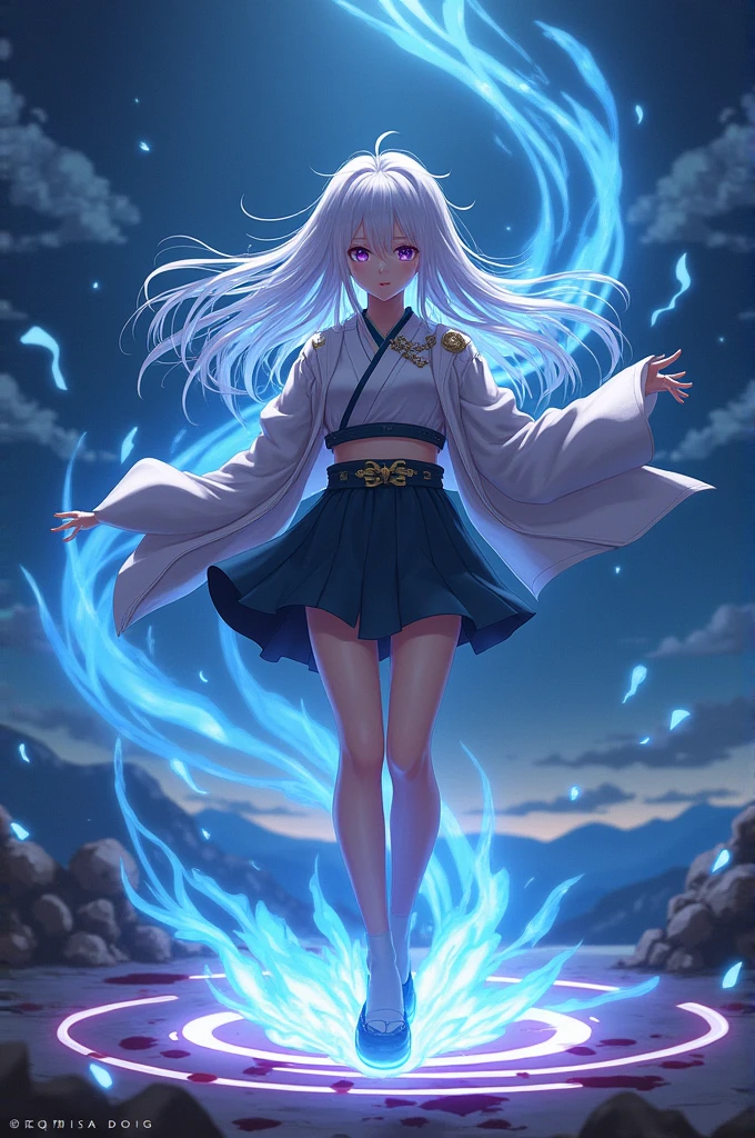 1girl, japanese clothes, ponytail ,white hair, purple eyes, magic circle, blue fire, blue flames, wallpaper, landscape, blood, blood splatter, depth of field, night, light particles, light rays, sidelighting, thighs, fate \(series\), genshin impact, ****, open jacket, short skirt, thighhighs, cloud
