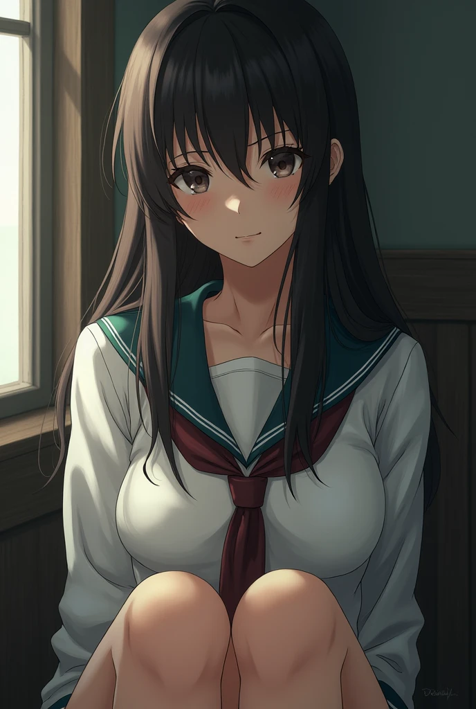 One person, (Sagging under the eyes:1.5), Dark Brown Hair, Long Hair, White shirt, The chest is large, valley, Japanese women, Sailor suit, M-shaped legs