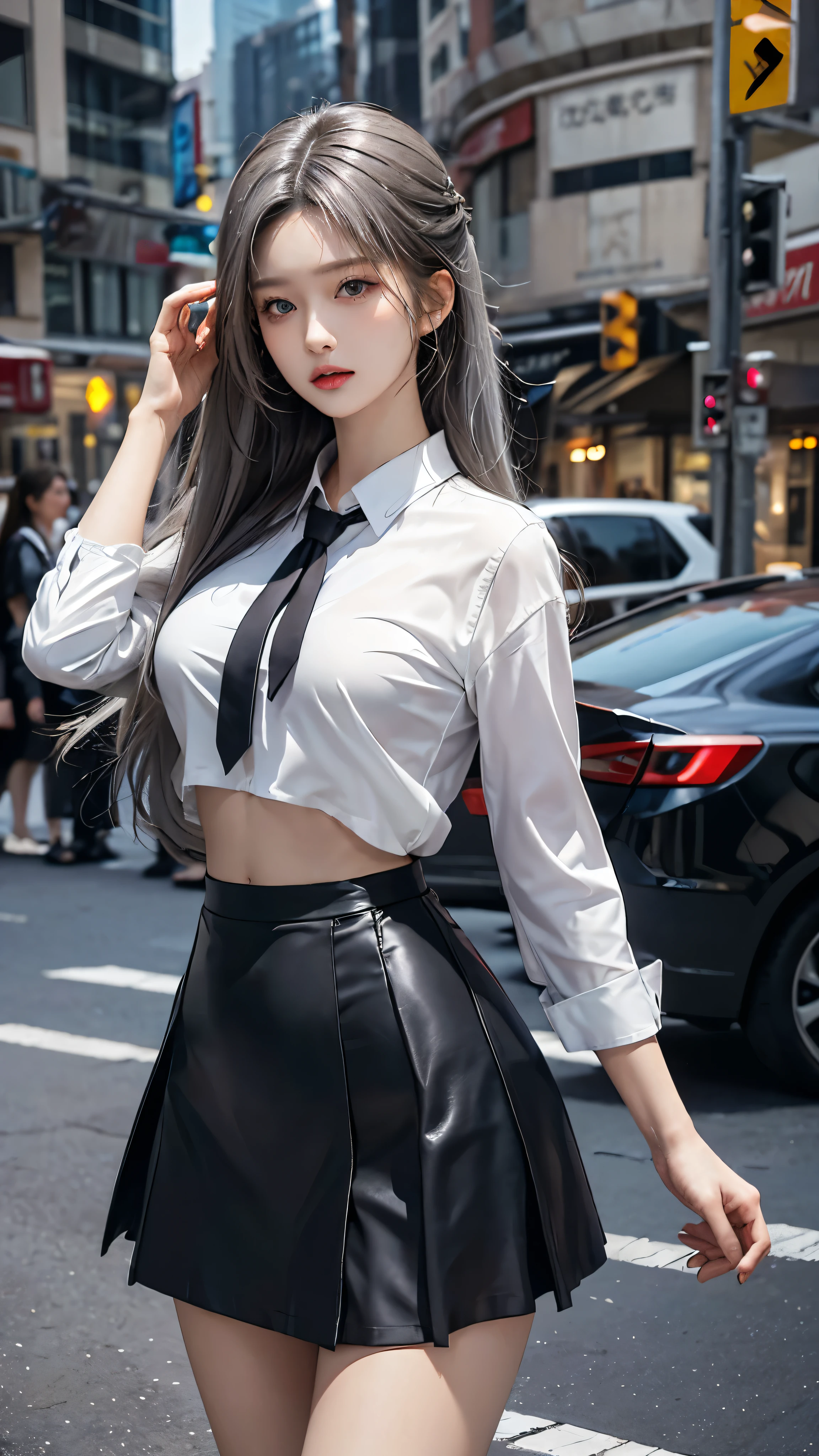 realistic, high resolution, 1 woman, butt up, beautiful eyes, gray hair, long hair, round eyes, collar shirt, belly button visible, black tie, black skirt, city street, Short skirts that show panties, dressed like a student