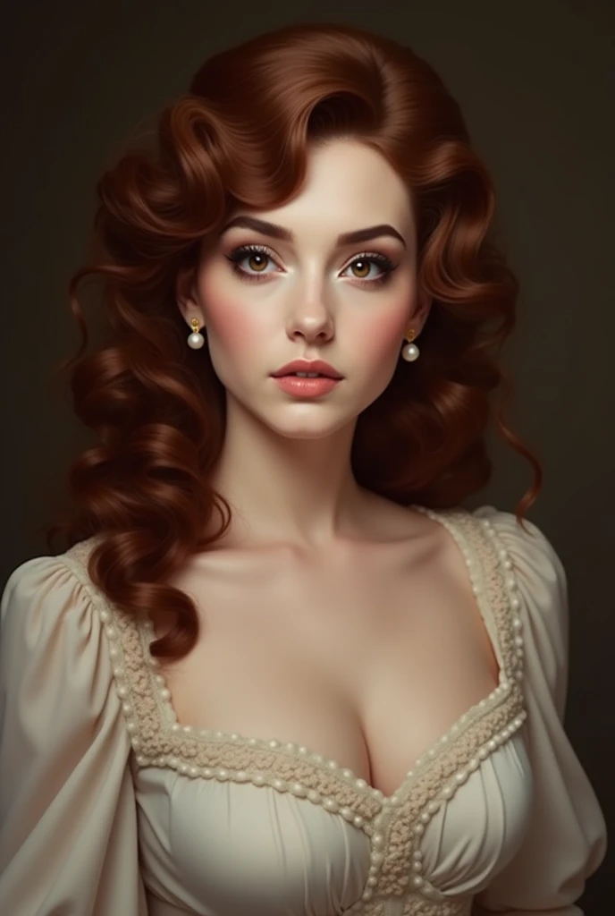 Irene Adler，Brown-haired，Realistic style，Photography，hair to chin，curls，Brown eyes，Pearl ear-rings