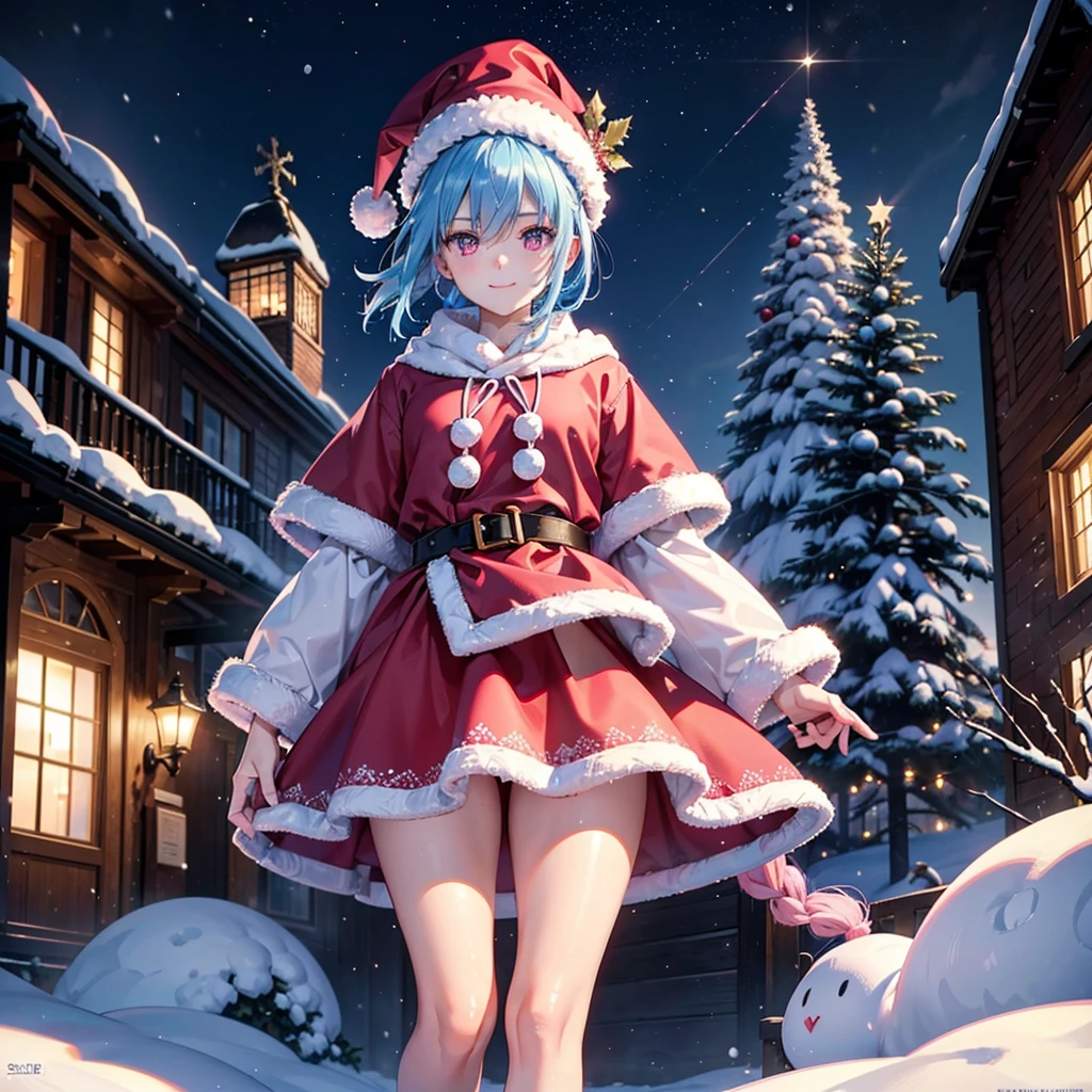 (Sky blue hair tied in a single strand),(Pink Eyes),Fair Skin,Full Body,Alone,smile,Santa Claus Clothes,Giant Christmas Tree in the Background,Snowy Night,Sparkling Night Sky,gift box,(Masterpiece, Top Quality, Very Detailed), Best Shadows,Detailed Background,Beautifully Detailed Face,High Contrast,Best Lighting, Very Delicate and Beautiful,Cinematic Light,Hyper Detail,8k,Dramatic Light,Exquisite Detail,