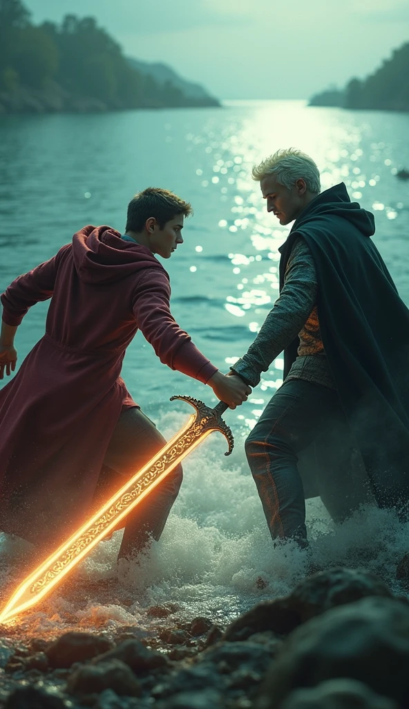 luke carslen with a sword (percy jackson character) vs dracomalfoy with only a wand in great lake in harry potter