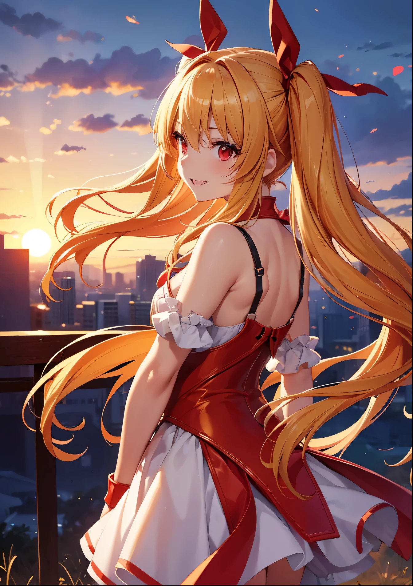 Masterpiece, High-res 1. 4), Top quality, Illustration, Extra fine definition, One girl, Idol-like animated character, Cute face, Big mouth, Full face, Smiling, Lovely face with kind eyes, Bright expression, Beautiful blonde hair, Twin-tail, Golden hair, Short twin with red ribbon, Small breasts, High quality High res, perfect dynamic composition, close-up, beautiful red eyes with details, beautiful blonde twin tails, short twin, red ribbon, perfect dynamic composition, close-up profile, beautiful red eyes with details, full body plug suit tightly fitting, sunset as lighting, high quality, perfect Dynamic composition, Close-up profile, Beautiful red eyes with details, Dressed like Asuka from Evangelion, Sunset as lighting, Movie light