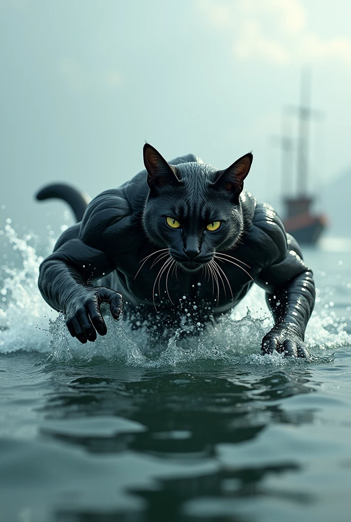 A big,muscular black cat tried to swim after the boat but couldn’t catch up