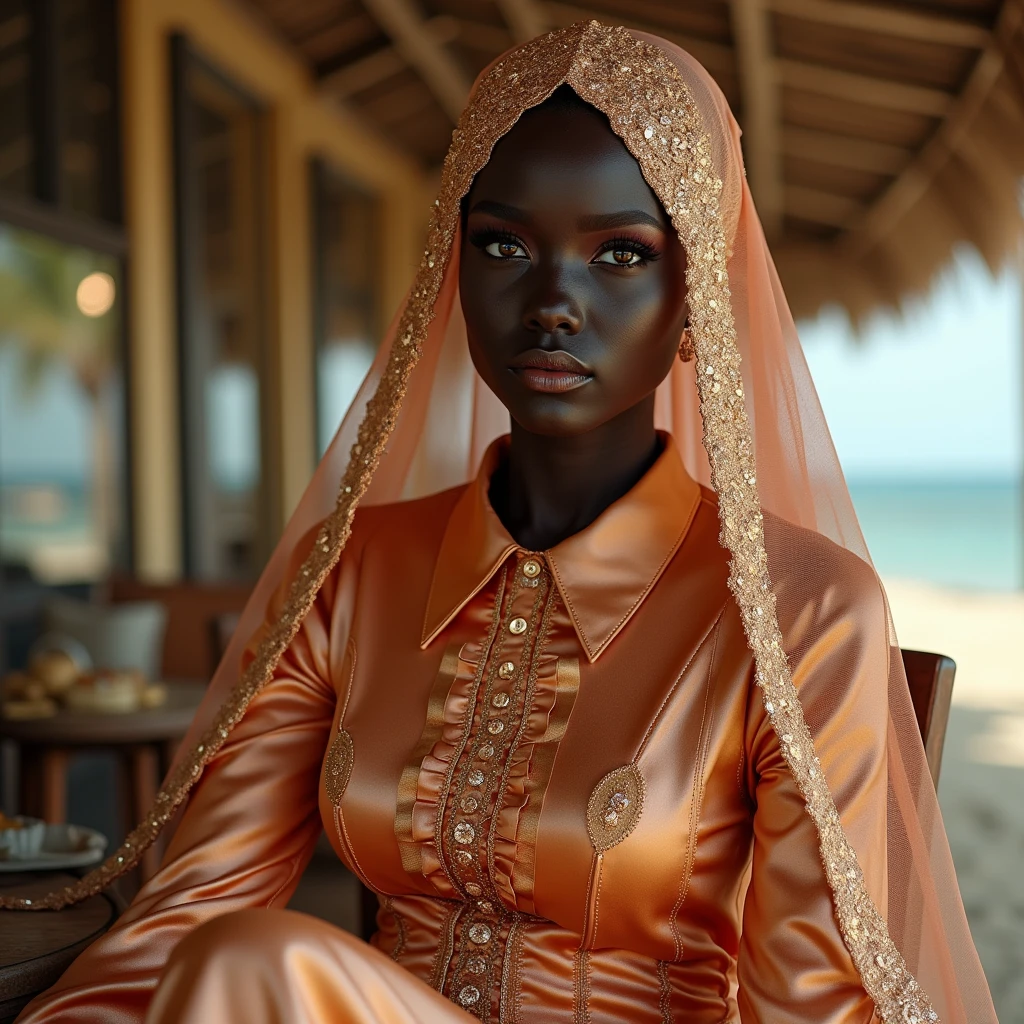 A young glossy-woman with intense-black skin , wearing a colorful, glitter-lacquered-ornate layered-burqa with floral decorations . She has long, bright jilbab tailored and chested and is wearing a slick-peach-color and gold patterned slick-lacquered-satin-suit . The background is blurred, suggesting an palm-cafe or beach-cafe setting, coquette funeral gothics, shallow depth-of-field, two exhausted intertwined gothic latex burqa with latex mantilla kiss closer while wearing a latex liquid-lacquered jilbab, lewd lesbians together petting too sensually excited, wear enormous glossy shimmering eyeliner eyeshadows lipstick blush rouge makeup, sparkling peach-colored liquid-lacquered wrap blouse with button-front gothic glossy latex liquid-lacquered jilbab, enormous glittery eyeshadows & lipstick, 'very strongly colored eyelids with broad wide big glossy eye-shadow & enormous glossy eyeshadows' & 'thick eyebrows', wearing a smooth transparent 'glossy satin latex' purple satin iridescent blouse with ruffles & 'gold pleated glossy liquid-lacquered latex' glossy skirt with button-placket, adorned with a pleated purple reflective mirroring satin, with button-placket & peach-white shiny mirroring gloves, golden long-sleeved floor-length glossy satin vest with a button-placket & glossy brown latex long-tunic shimmer wetlook glitter leggings & latex jilbab with high-collar blouse