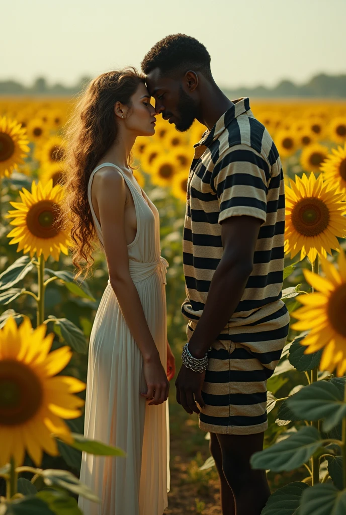 (photorealism:1.8), beautiful Slavic and slim tall girl, on a field of sunflowers, naked body, she is with a black man who smells her body, he is dressed like just went out from jail with striped white and black dress, have a ball with chain in the leg,