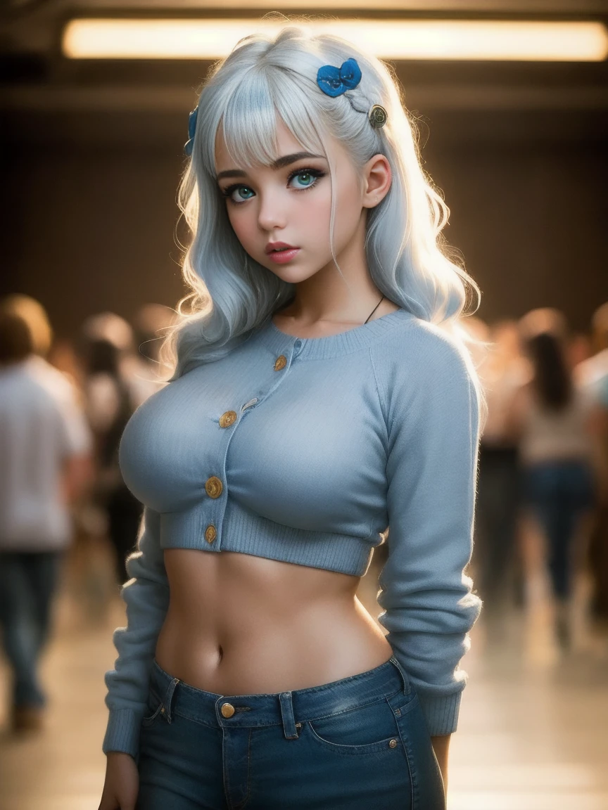 masterpiece, best quality, photography, style of Philip Lorca diCorcia, cinematic film photo of young Spanish girl aged 18yo, 1girl, solo, blue and white hair, long wavy hair, air bangs, green eyes, tan skin, light makeup, short height,  body, athletic body, large breasts, perfect lips, wearing a button-up blue sweater, cropped, wearing blue jeans, cute face, baby face, vignette, highly detailed features, high budget, bokeh, cinemascope, moody, epic, gorgeous