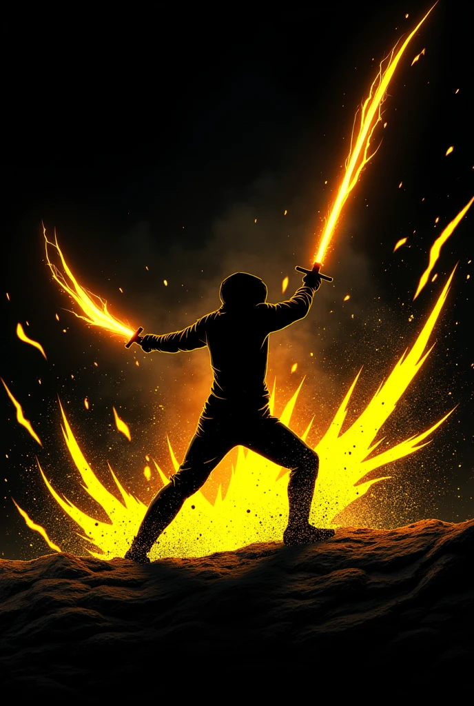 ((Best Quality)), ((masterpiece)), ((detailed)), ((High Definition)), an aura of sword slashes in anime style, all yellow color, with the black silhouette of a simple person in the center, dynamic movement, fighting pose, electric sword thrust. With a black background.