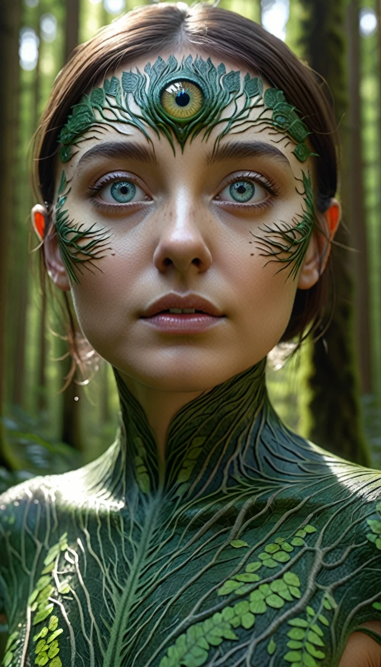 Panorama,A human-faced creature with two pairs of eyes in the forest(best quality,4K,8k,High level,masterpiece:1.2),Ultra Detailed,(lifelike,Photo real,Photo real:1.37),Highly detailed animals,Complex patterns,Realistic lighting
