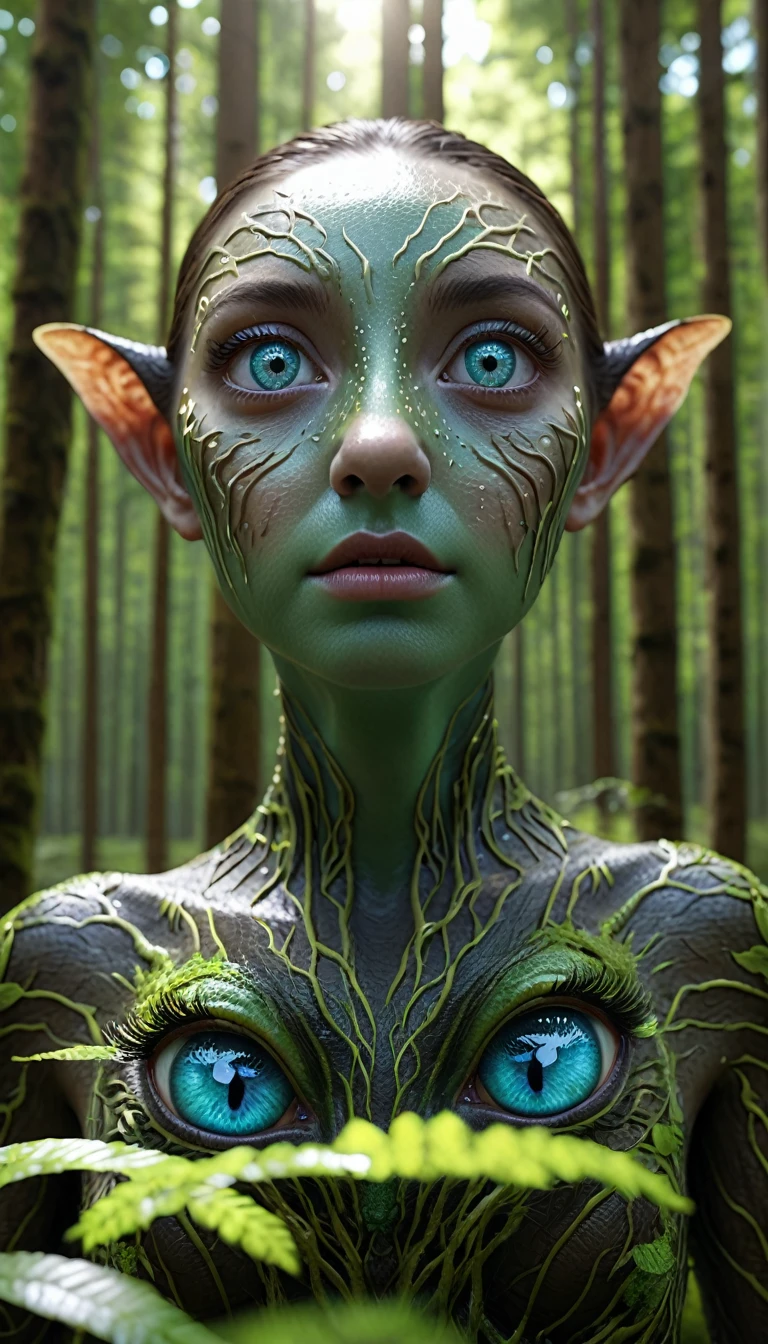 Panorama，A human-faced creature with two pairs of eyes in the forest(best quality，4K，8k，High level，masterpiece：1.2），Ultra Detailed，（lifelike，Photo real，Photo real：1.37），Highly detailed animals，Complex patterns，Realistic lighting