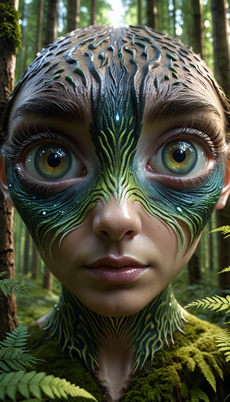 Panorama，A human-faced creature with two pairs of eyes in the forest(best quality，4K，8k，High level，masterpiece：1.2），Ultra Detailed，（lifelike，Photo real，Photo real：1.37），Highly detailed animals，Complex patterns，Realistic lighting